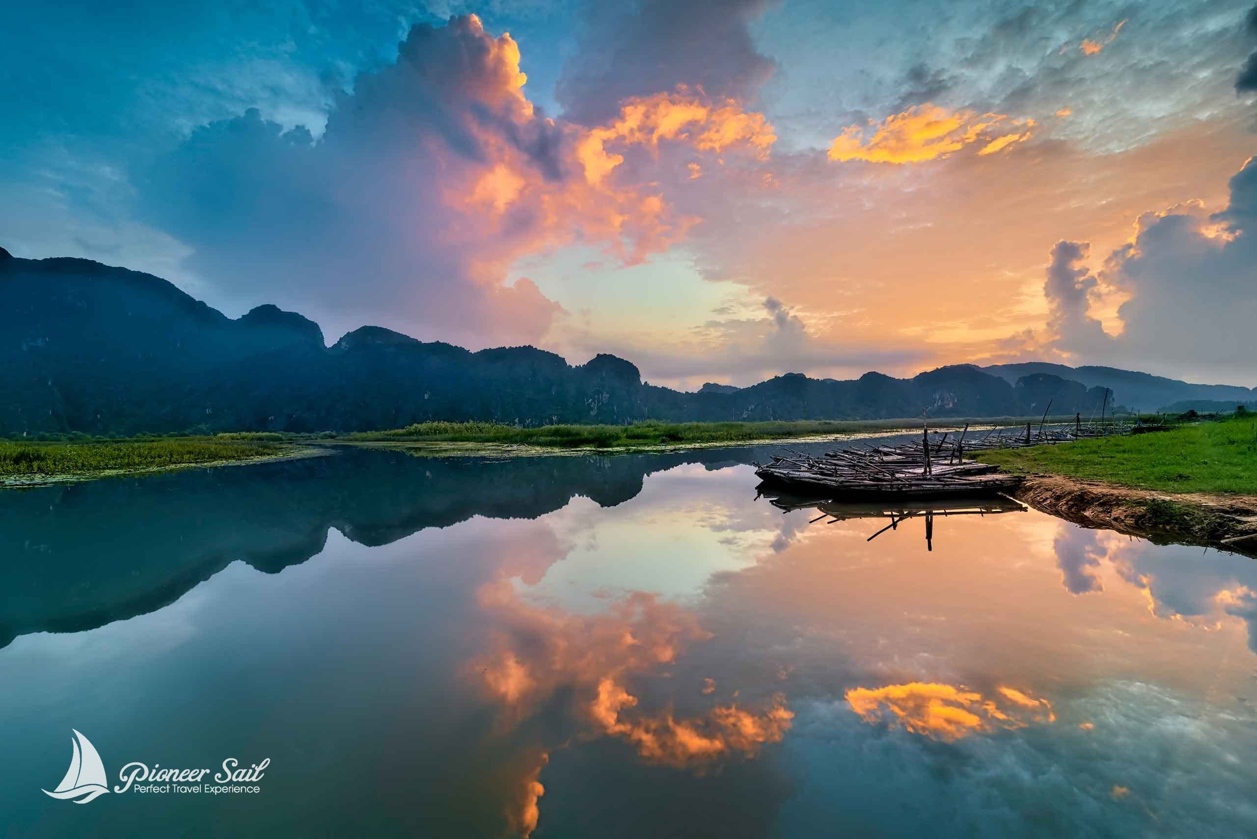 Landscape With Boat In Van Long Natural Reserve In Ninh Binh Vietnam