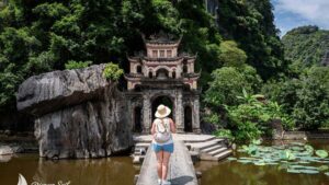Tourist walking around Bich Dong Pagoda Ninh Binh Vietnam