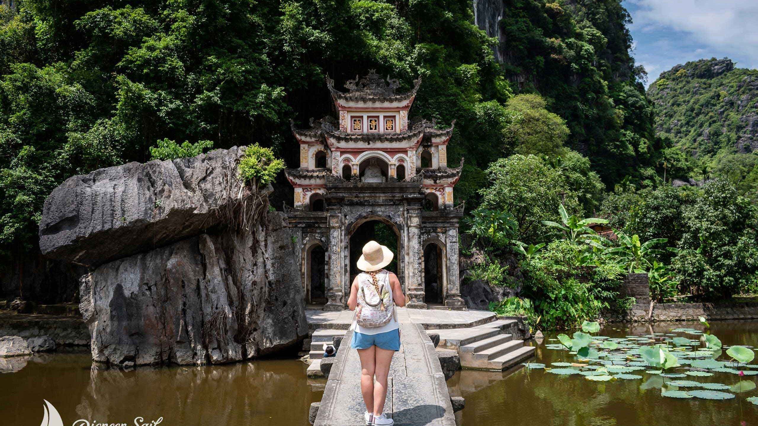 Tourist walking around Bich Dong Pagoda Ninh Binh Vietnam