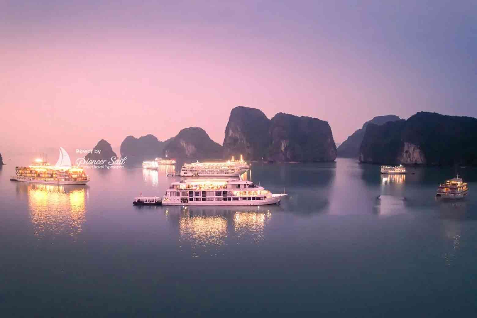 Aerial View Of Sunset And Dawn Near Rock Island Halong Bay Vietnam Southeast Asia